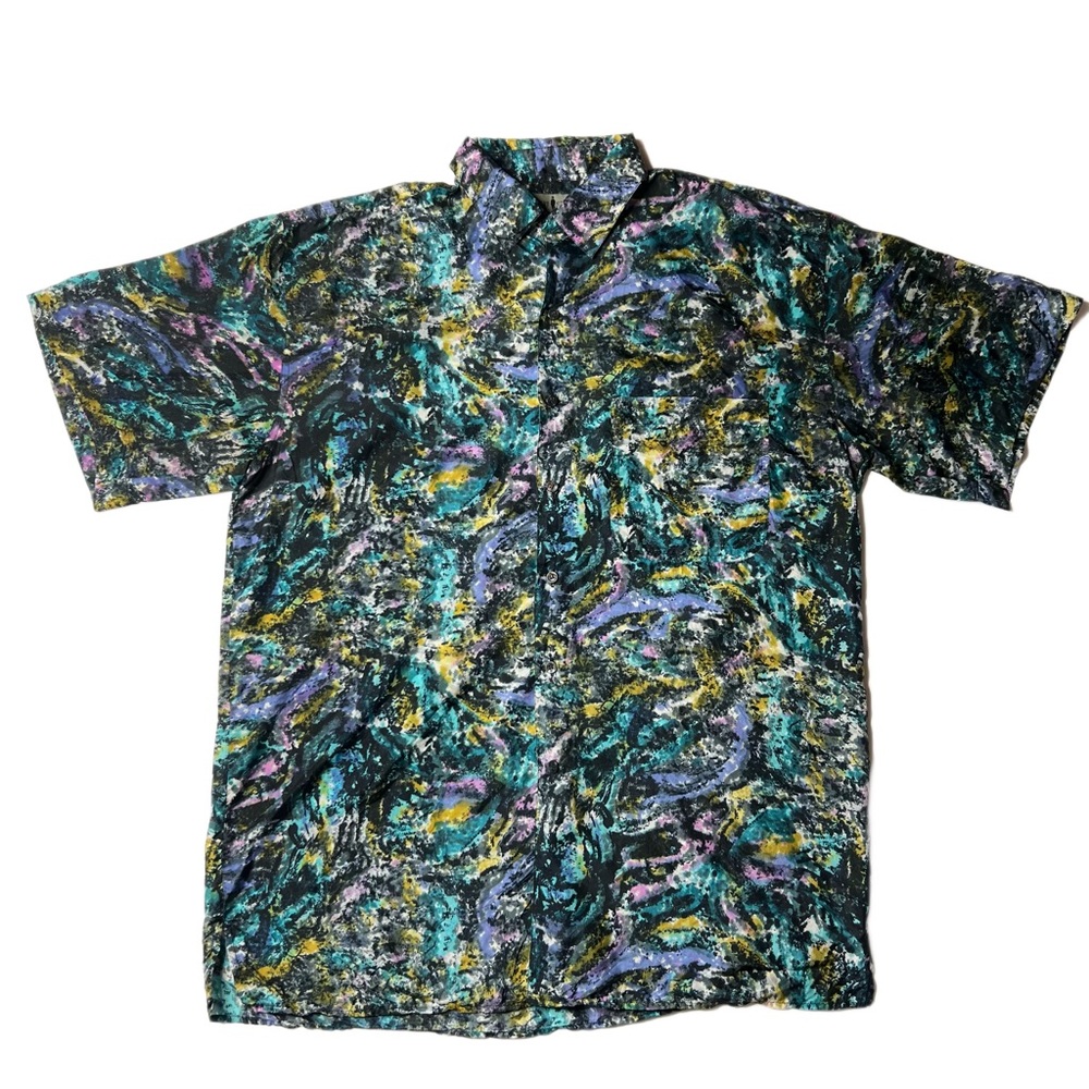 Vintage Robert Stock Abstract Multicolor Short Sleeve Button Up Silk Shirt L